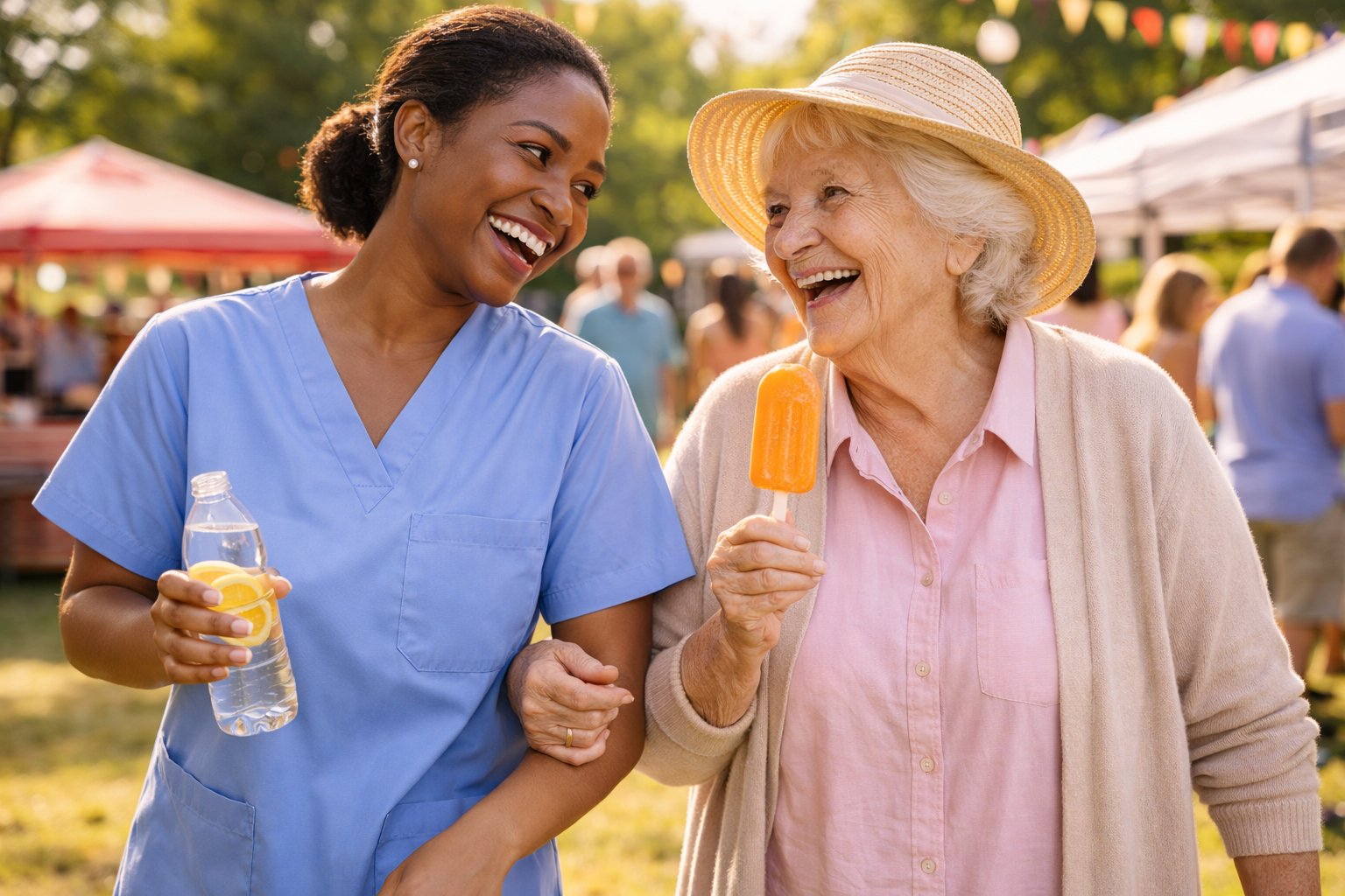 Caregiver and senior enjoying joyful moments at community event