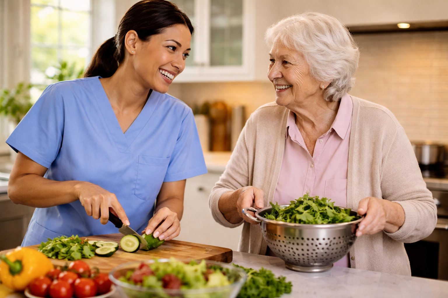Caregiver and senior preparing healthy meal together in kitchen