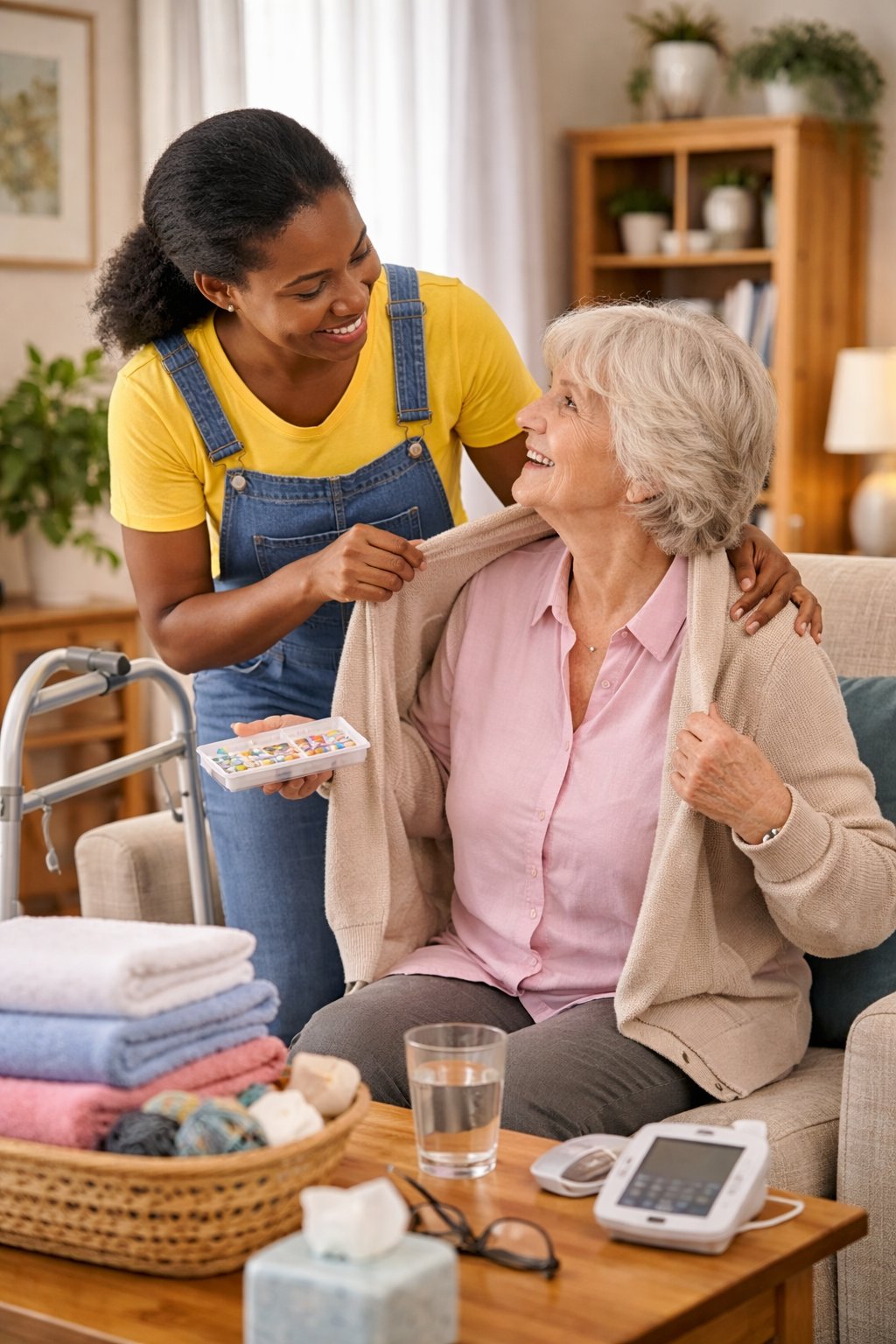 Caregiver assisting elderly woman with daily care activities